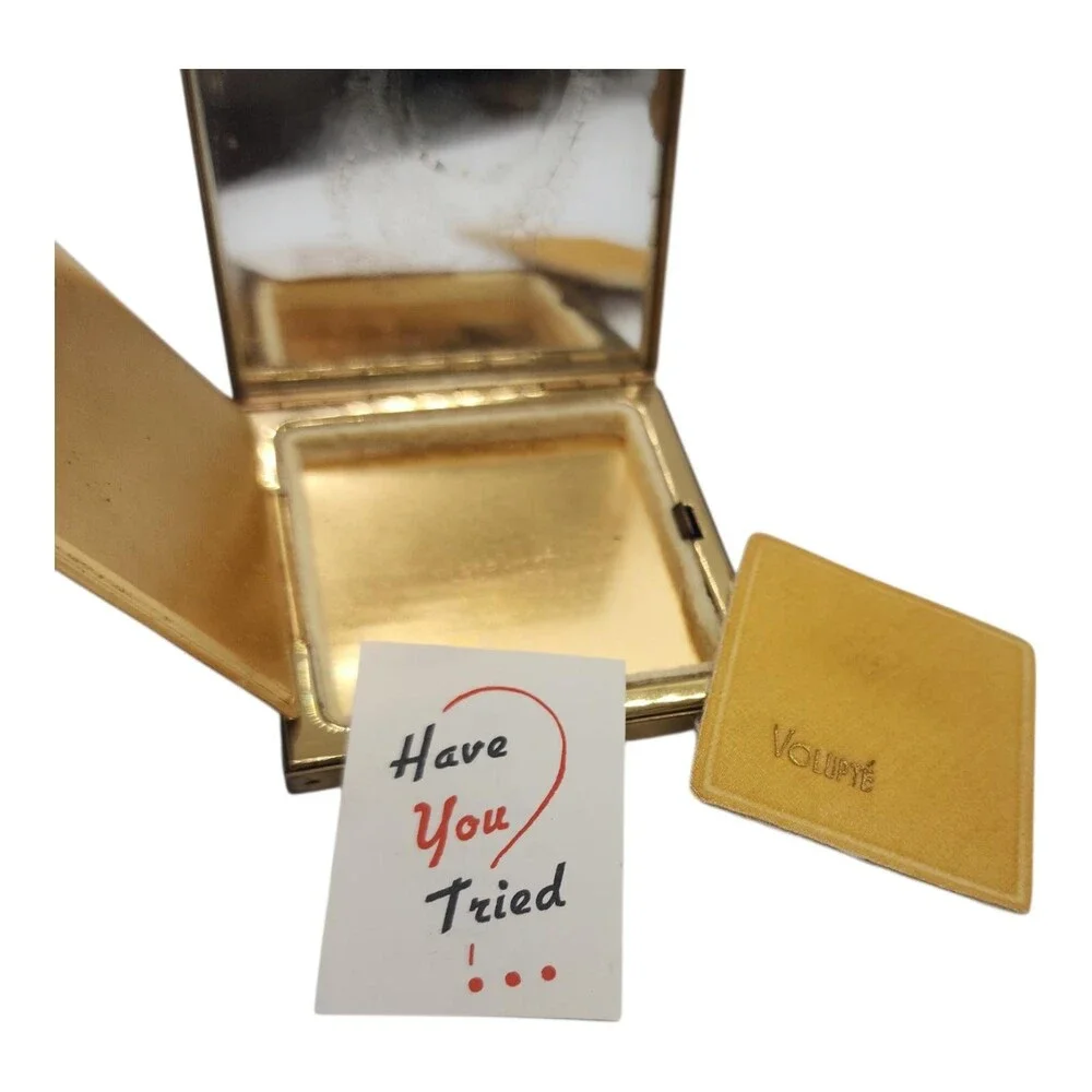 Vintage Volupte Black Gold Scroll Powder Compact Mirror Puff Unused Orig Card